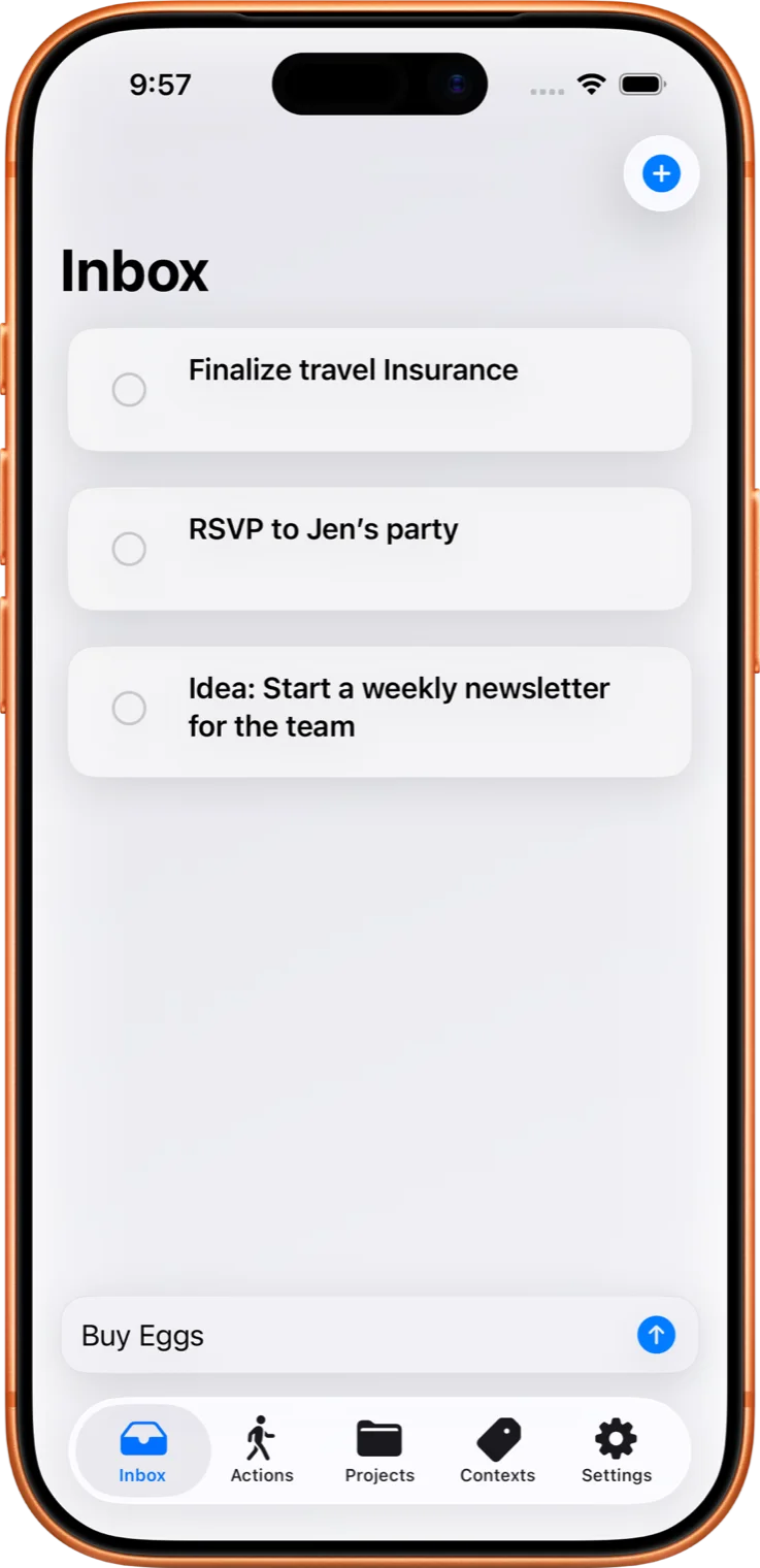 Clarify Inbox showing captured tasks ready to clarify into next actions