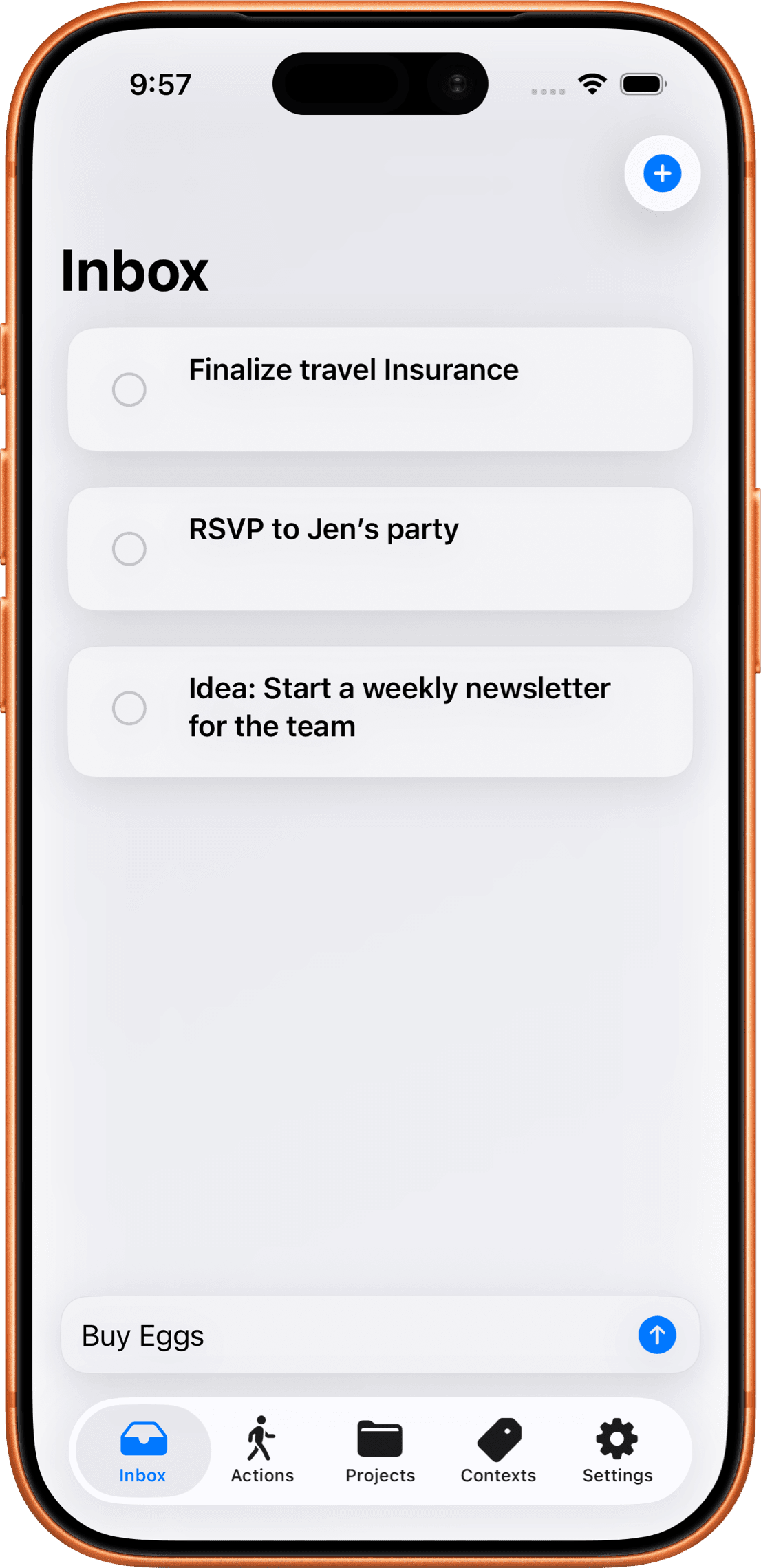 Clarify Inbox showing captured tasks ready to clarify into next actions