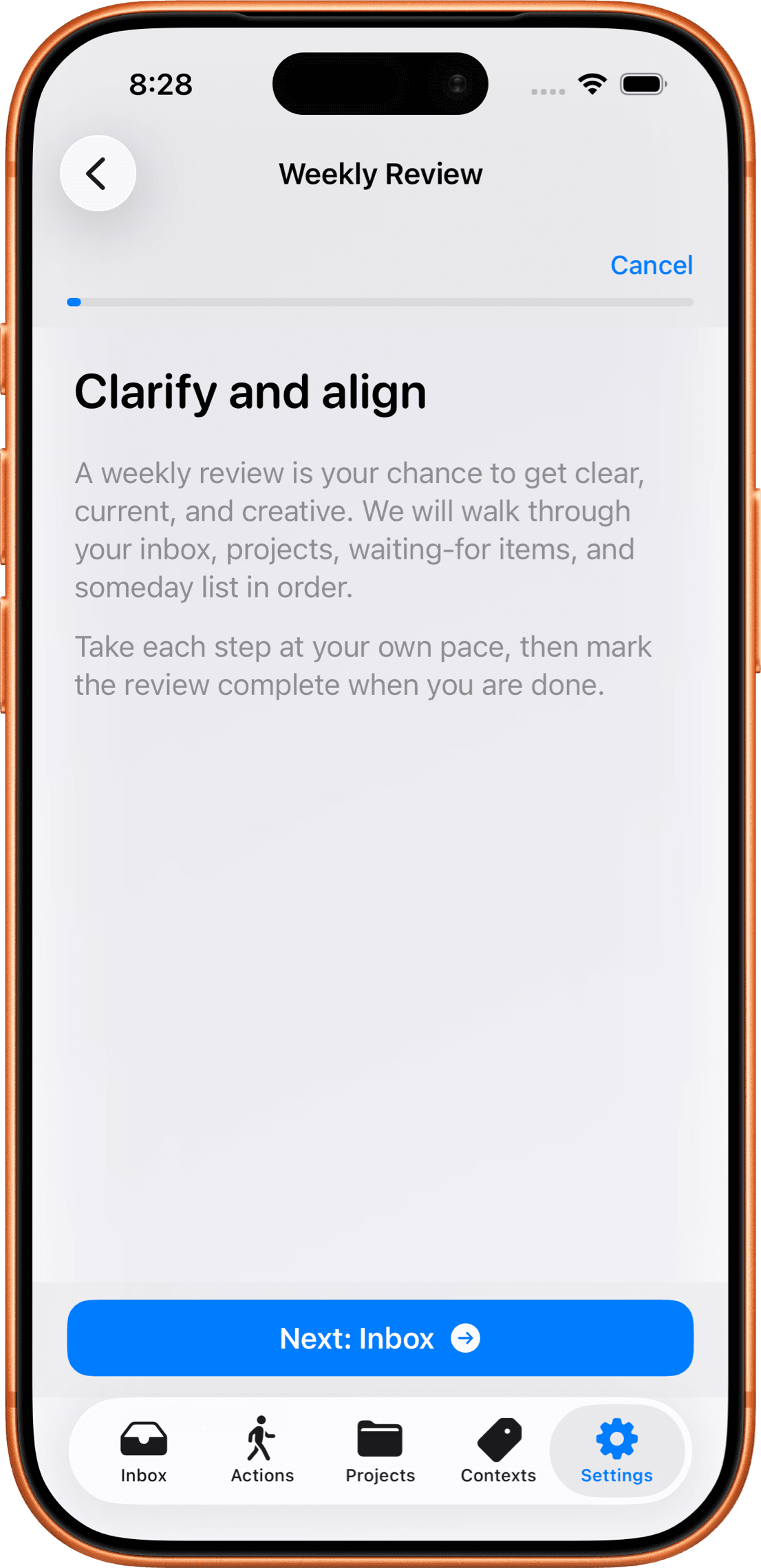 Clarify Weekly Review checklist covering Inbox, Projects, Waiting For, and Someday