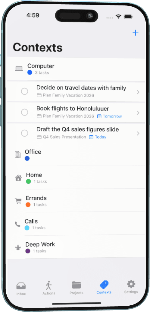 Clarify Contexts screen for filtering actions by situation