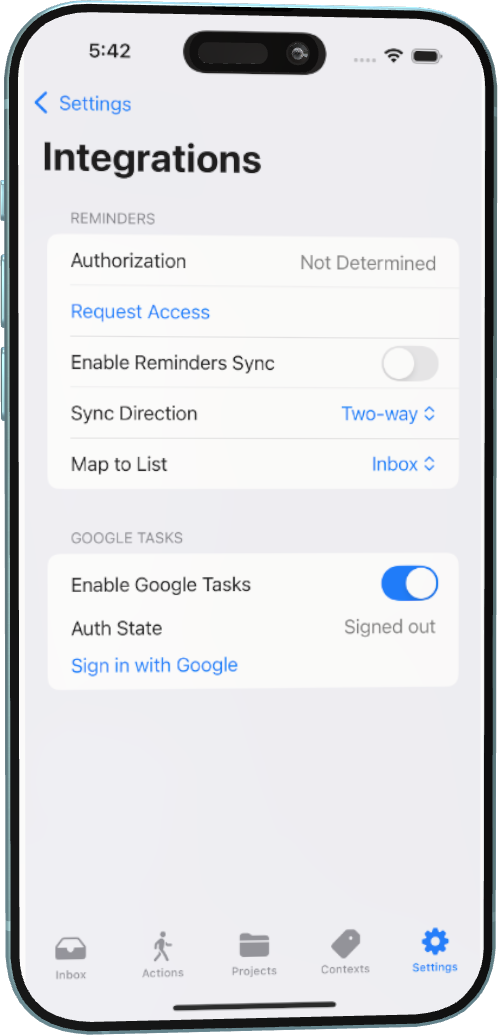 Integrations screen showing Reminders and Google Tasks toggles